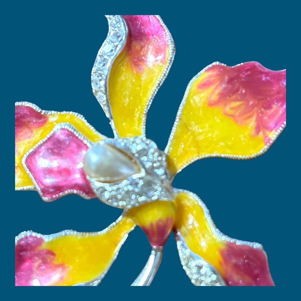 Vintage Signed Napier Orchid Brooch Pink Yellow Rhinestones Silver Tone 2.5"